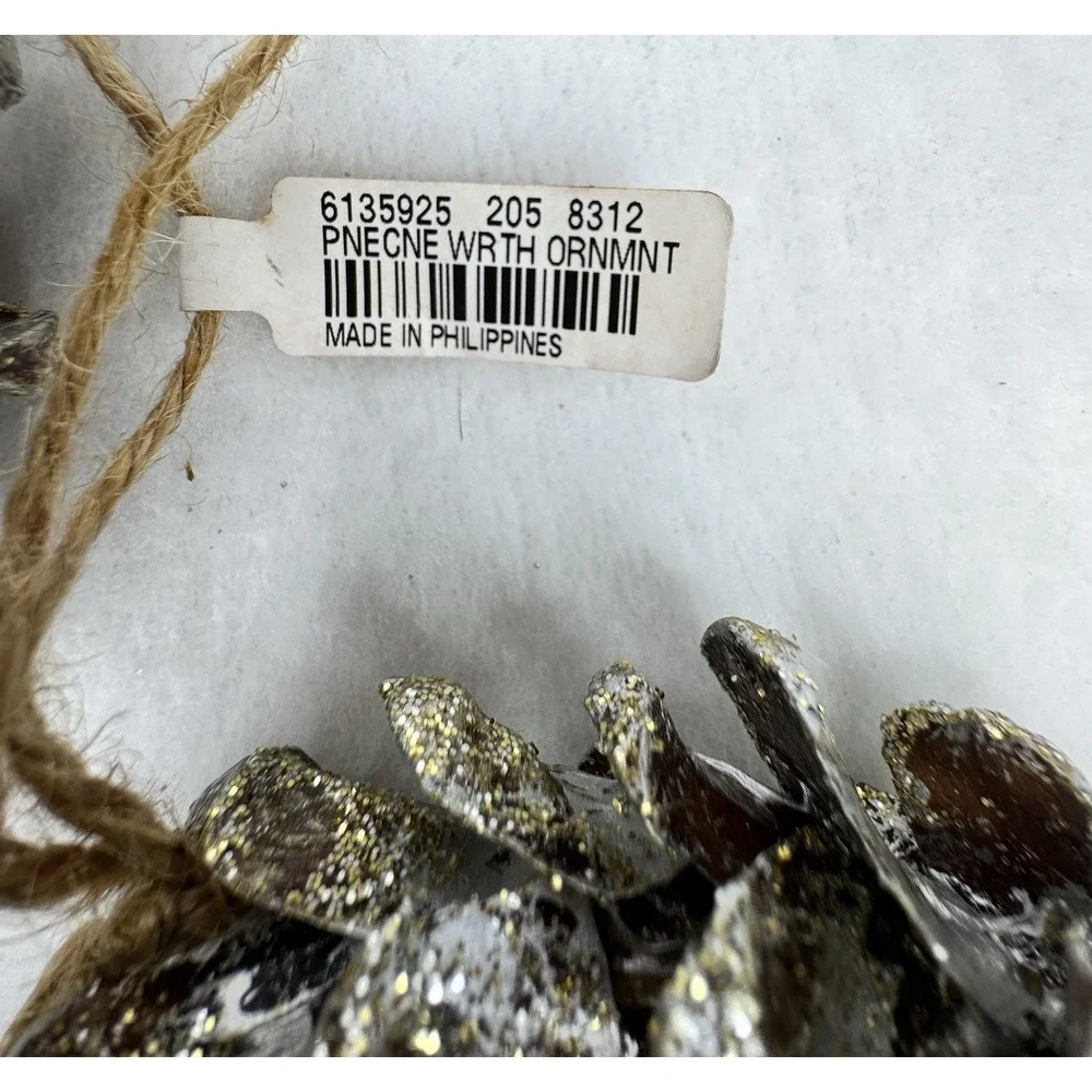 Vintage Pottery Barn Mini Pinecone Wreath Ornaments Set of 3 Gold Glitter